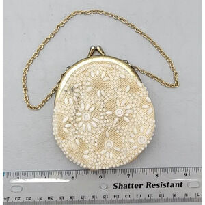 Vintage Ivory Beaded Evening Clutch with Gold Chain & Kiss Clasp